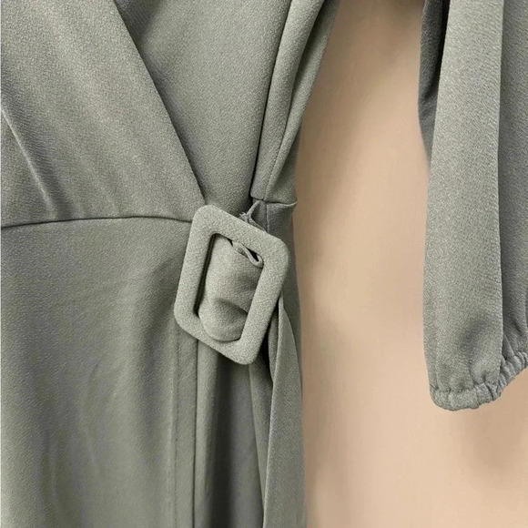 Sage Green Monteau V Neck Belted Dress with Slit and Quarter Length Sleeves NWT - Picture 6 of 7